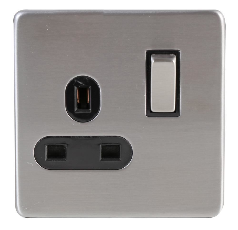 PRO ELEC Brushed Chrome 1-Gang Switched Socket, 13A
