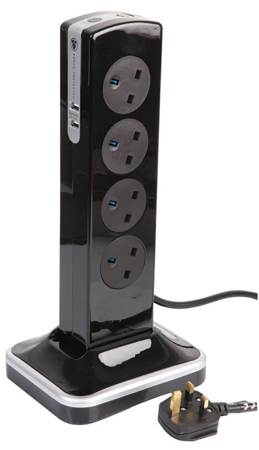 MASTERPLUG 8口サージプロテクション付き延長タワー 2USBポート 2mリード