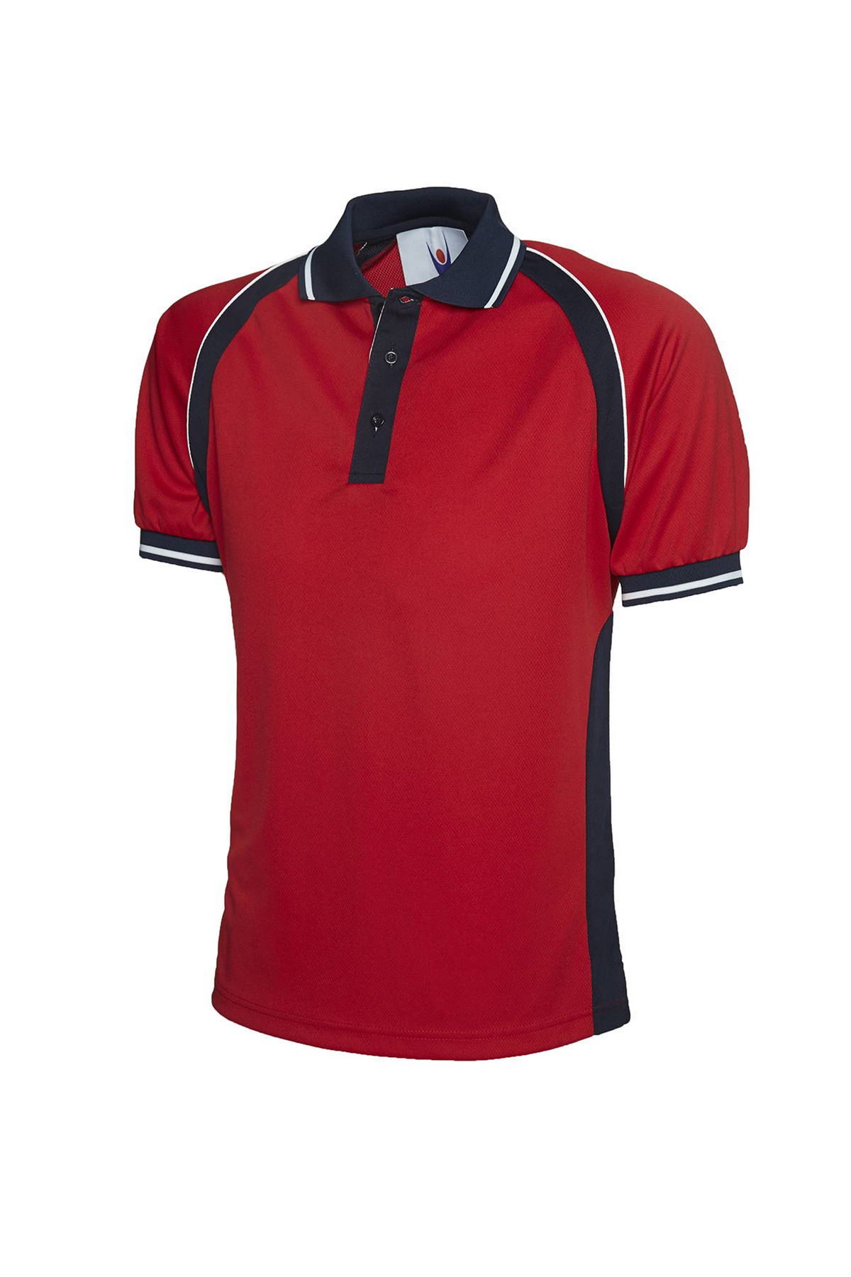 Uneek Unisex Sports Polo Shirt - Red/Navy, 100% Polyester, Size M