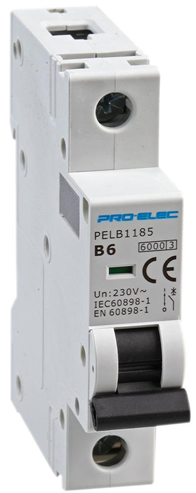 PRO ELEC 6A Single Pole MCB, B Curve, 6kA