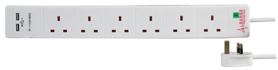 PRO ELEC מאריך חשמל 6 שקעים עם 2 יציאות USB והגנה ממתח עודף