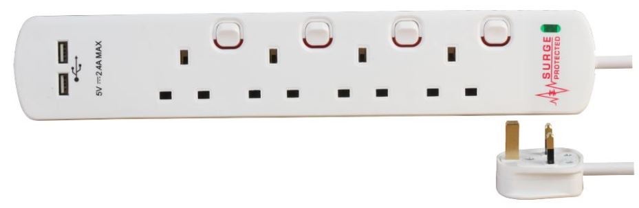 PRO ELEC מאריך חשמל 4 שקעים עם 2 יציאות USB, הגנה מפני נחשולים, 2 מטר, לבן