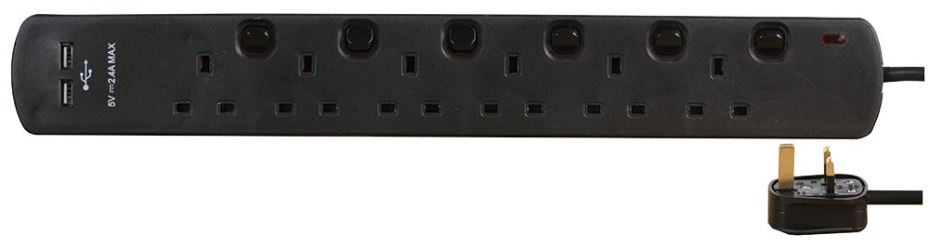 PRO ELEC 6-Gang Extension Lead with 2 USB Ports, 2m, Black