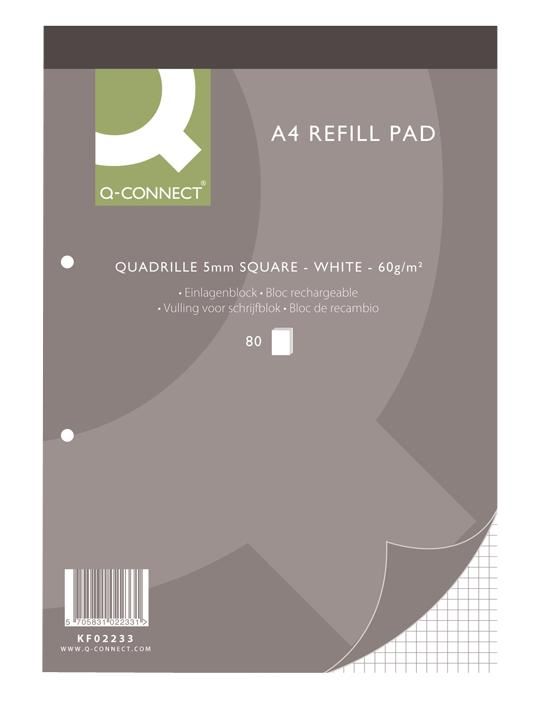 Q Connect A4 Quadrille 5mm Squared Refill Pads, 80 Sheets, Pack of 10