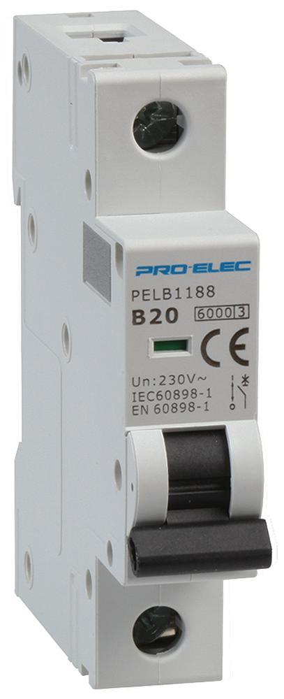 PRO ELEC Interruptor Automático Monopolar 20A, Curva B, 6kA