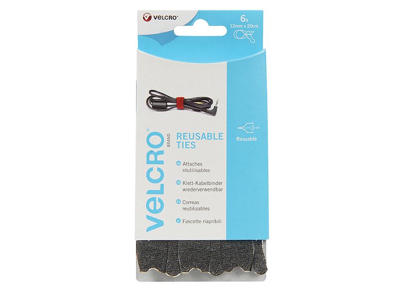 VELCRO® ONE-WRAP® Reusable Ties, Black (6 Pack) - 12mm x 20cm