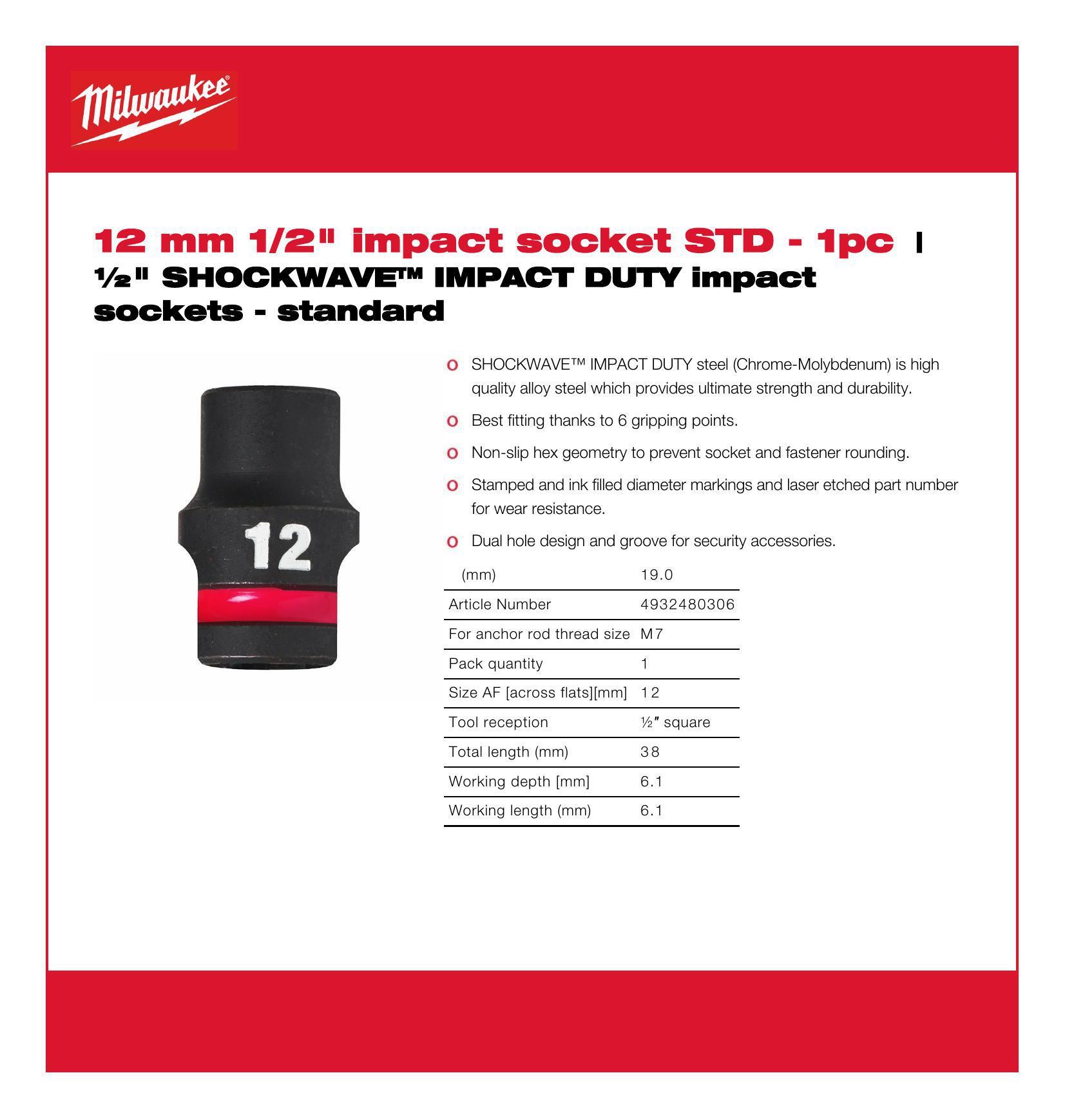 Milwaukee 1/2'' SHOCKWAVE™ IMPACT DUTY Stecknuss - 12mm