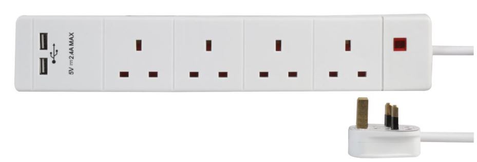 PRO ELEC 4 Way 2 USB Extension Lead, 1m, White
