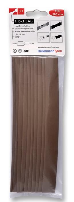 HELLERMANNTYTON 3:1 Heat Shrink Tubing 12 x 200mm, Brown, Polyolefin, 10 Pack