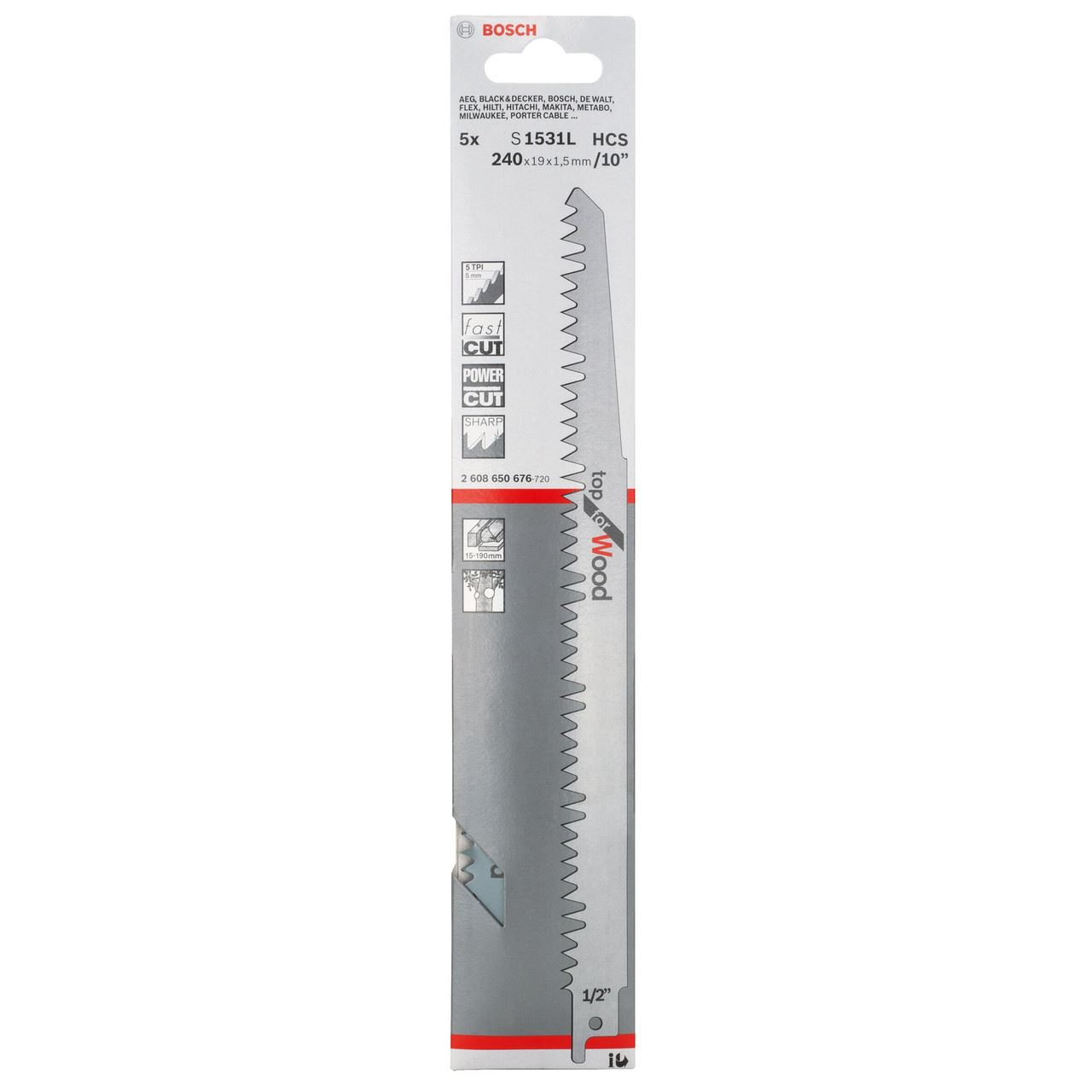Bosch S1531L Reciprocating Saw Blade for Wood, 240mm, Pack of 5