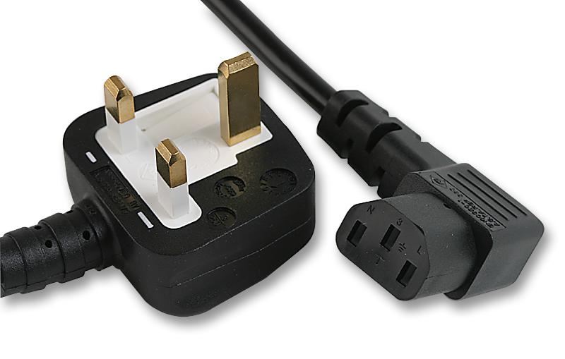 PRO ELEC 13A UK Plug to Right-Angled IEC C13 Mains Lead, 2m, 5A, Black