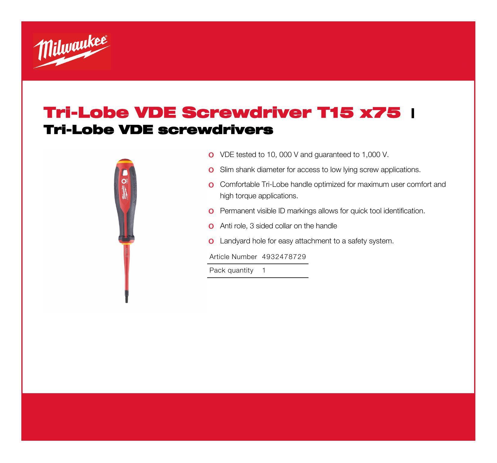 Milwaukee Chave de Fendas Tri-Lobe VDE T15 x 75mm