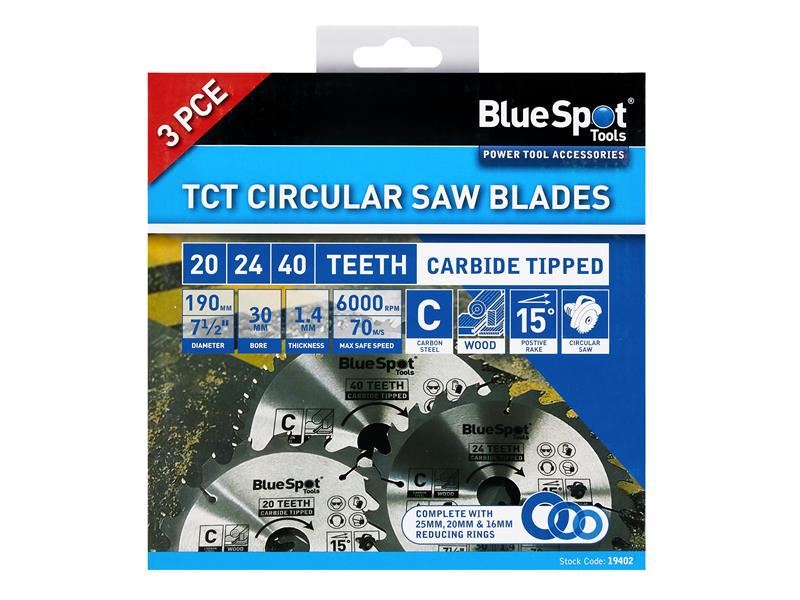 BlueSpot Tools 190mm TCT Circular Saw Blade Set, 3-Piece