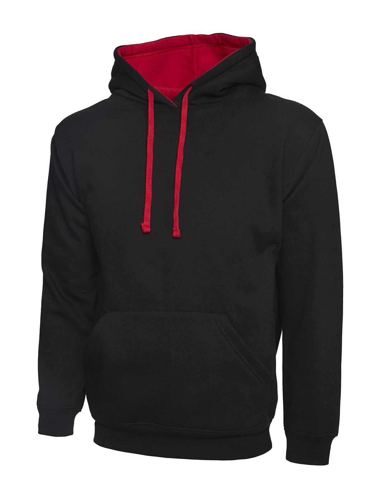 Uneek Unisex Contrast Hooded Jumper, Black/Red, 2XL