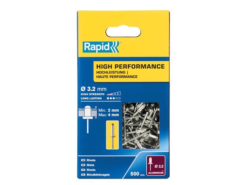 Rapid Remaches de Alto Rendimiento 3,2x8mm, Aluminio y Acero, Caja de 500