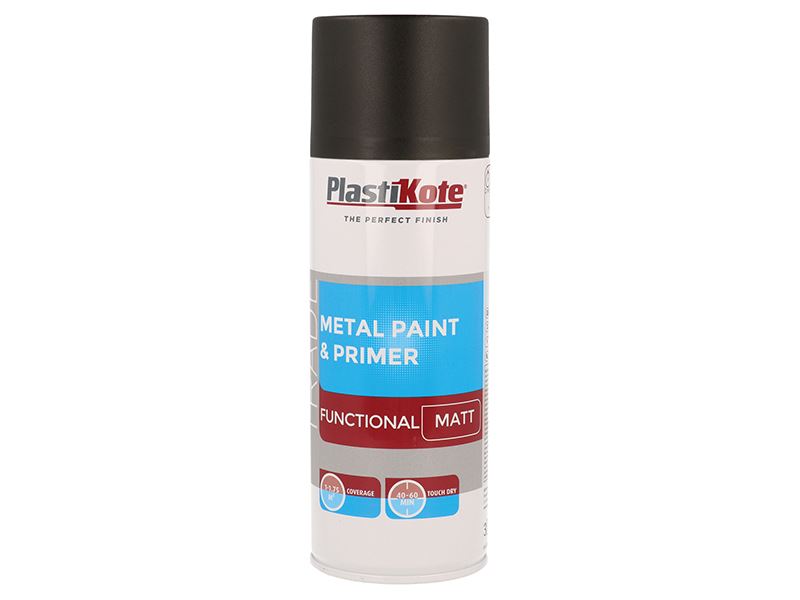 PlastiKote Trade Metal Spray Paint & Primer, Matt Black, 400ml