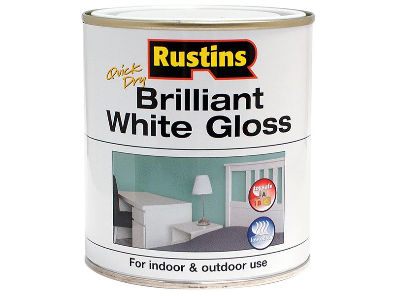 Rustins Quick Dry Brilliant White Gloss Paint, Water-based, 250ml