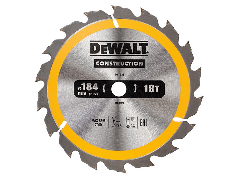 DEWALT Λεπίδα Κυκλικού Πριονιού 184mm, 18 Δόντια, για Ξύλα Κάδρου