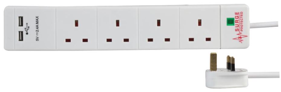 PRO ELEC Rozdvojka 4× zásuvka + 2× USB s přepěťovou ochranou, 1m, bílá