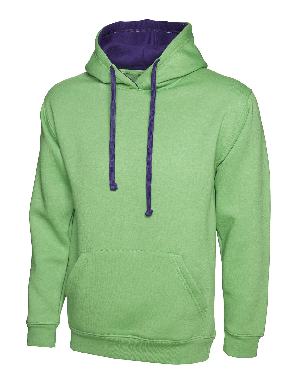 Uneek Unisex Contrast Hooded Jumper - 50% Polyester 50% Cotton - Lime/Purple - 