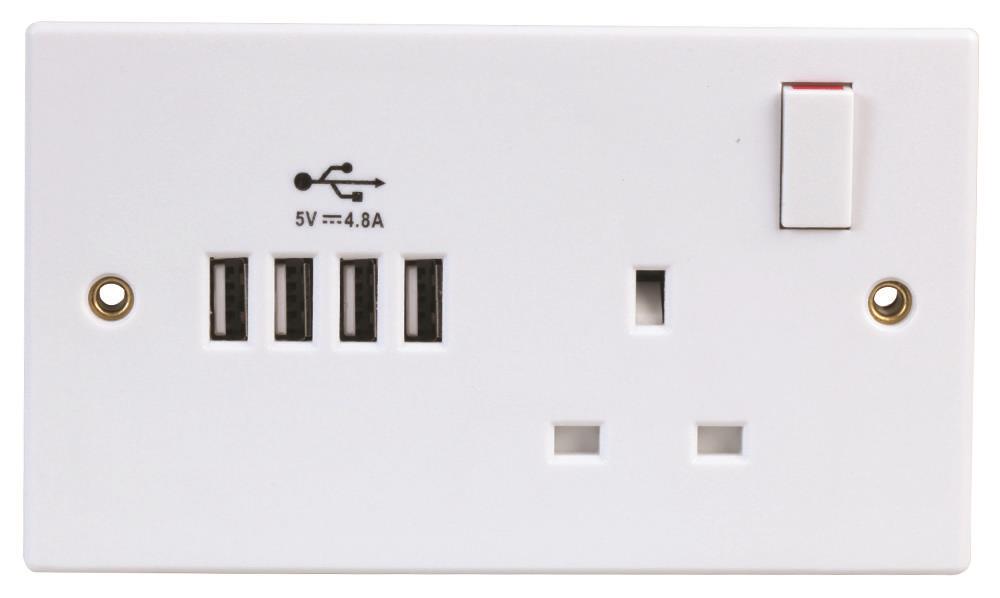 PRO ELEC - 13A 1-fach Schuko-Steckdose mit 4x 2,4A USB-Anschlüssen