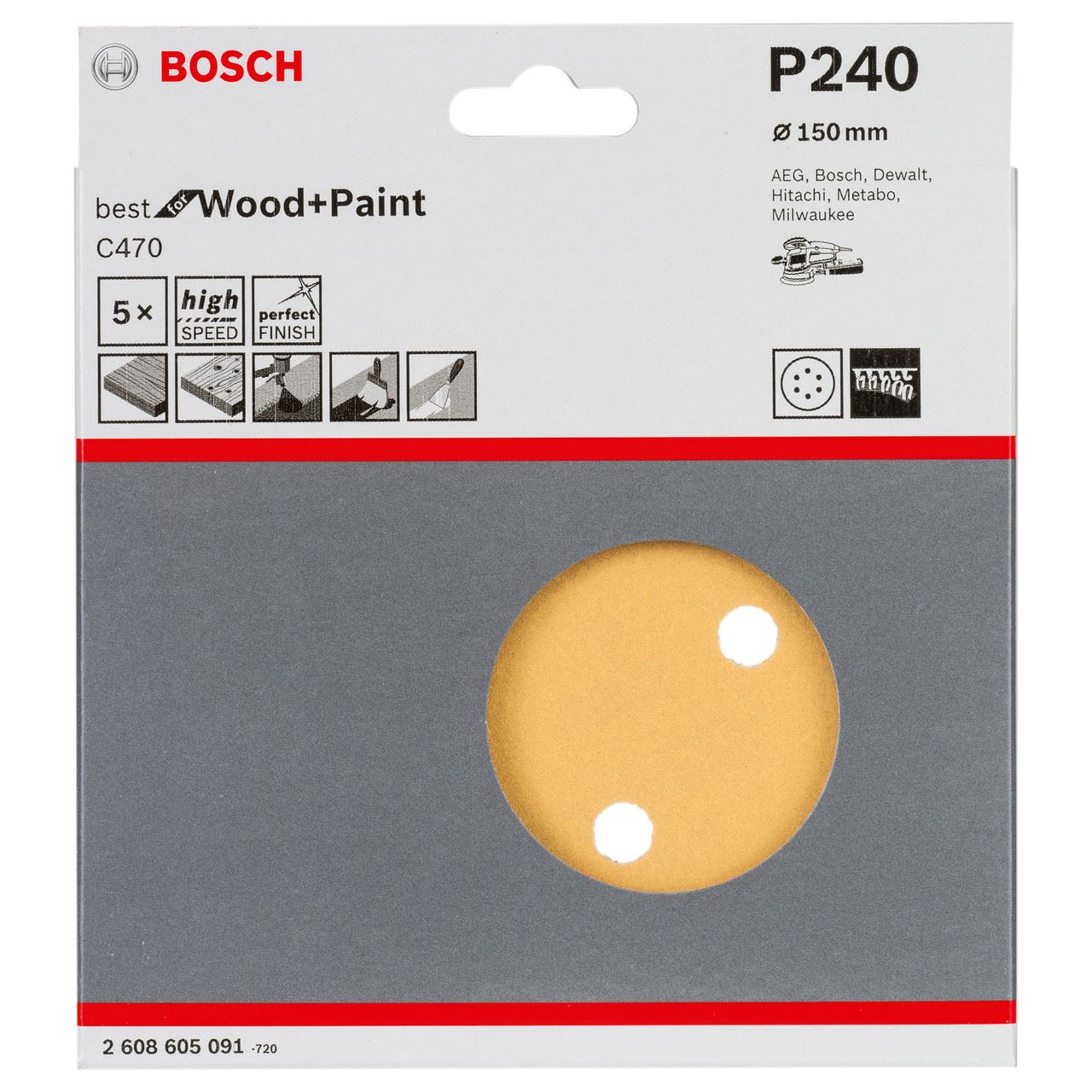 Bosch C470 Sanding Discs, 240 Grit, 150mm (Pack of 5)