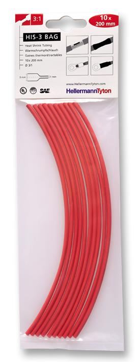 HellermannTyton Gaine thermorétractable rouge 3:1, 3mm x 200mm (Lot de 10)