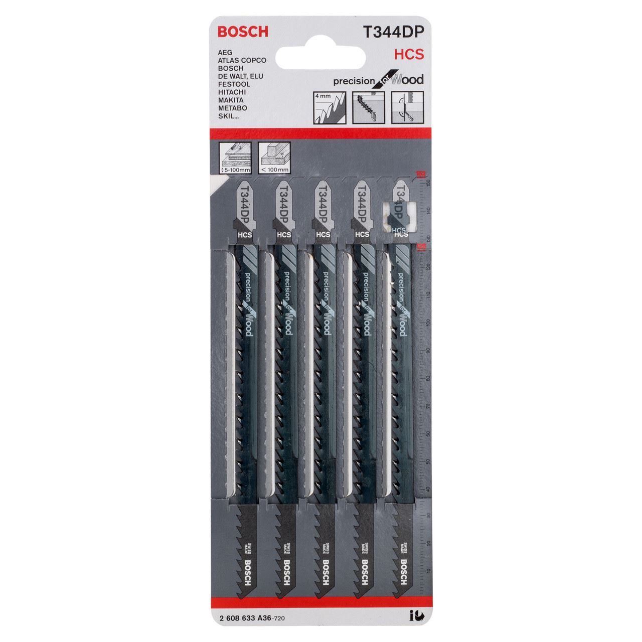 Bosch T344DP Jigsaw Blades for Wood, 5 Pack