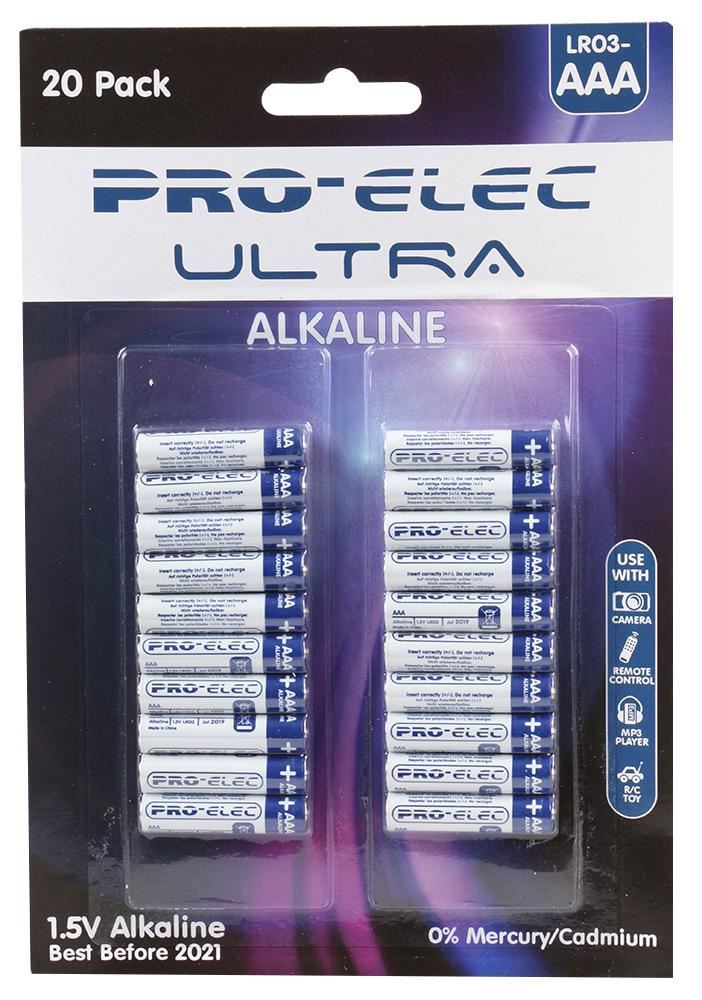 PRO ELEC Pilas Alcalinas Ultra AAA, 1.5V, Pack de 20