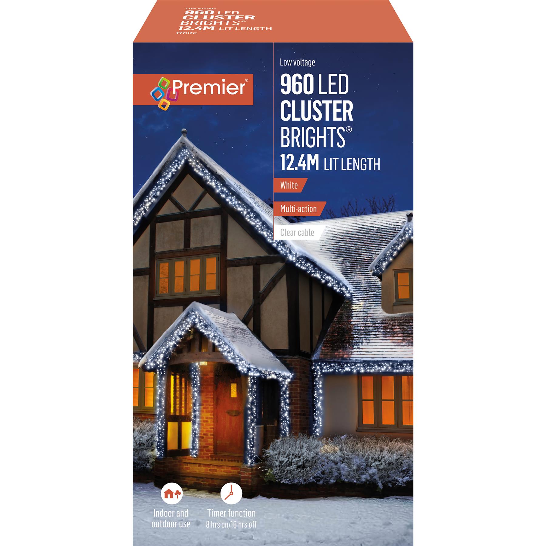 Premier Decorations 960 LED 화이트 크리스마스 클러스트 조명(12.4m, 타이머 기능)