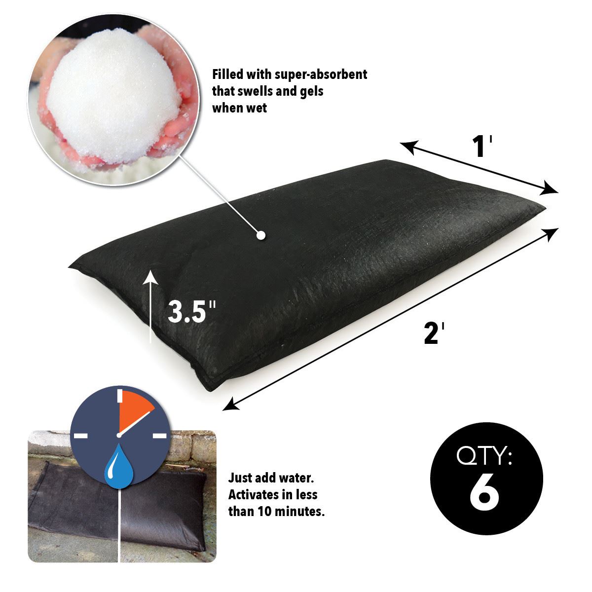 Quick Dam Water-Activated Flood Bags, 30cm x 61cm, Pack of 6