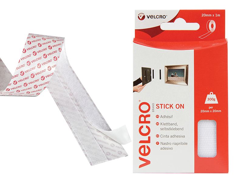 VELCRO® Stick On Tape, 20mm x 1m White