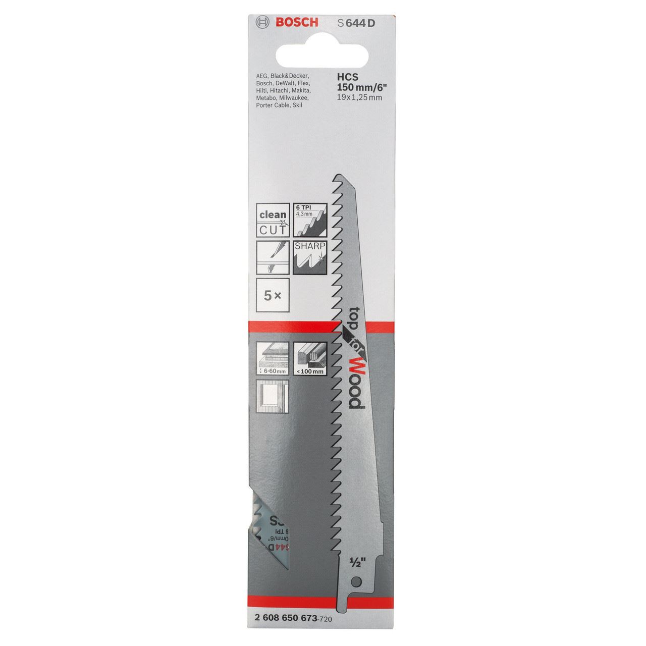 Bosch S644D Reciprocating Saw Blades for Wood, 150mm (5 Pack)