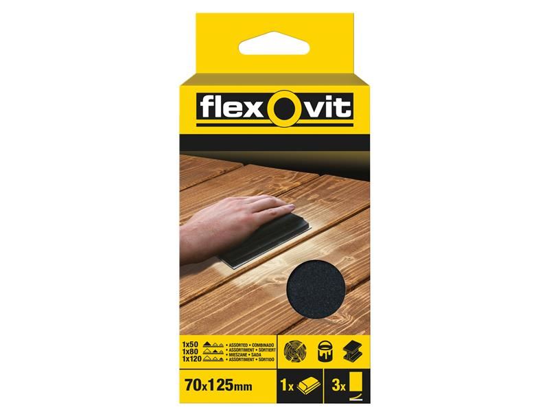 Flexovit Hook & Loop Sanding Block Kit, 70x125mm, Pack of 3
