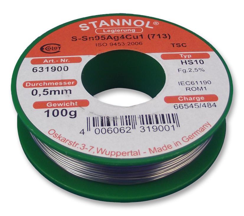 STANNOL Lead-Free Solder Wire 0.5mm, 100g, 217°C Melting Point