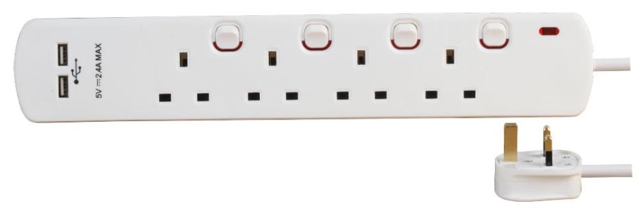 PRO ELEC 4-Gang 2 USB Extension Lead, 2m, White