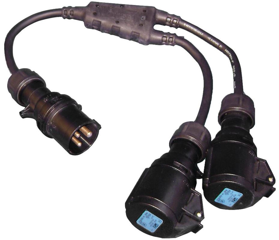 PCE 16A 230V CEE Y Splitter, 0.25m Cable, IP44, Black