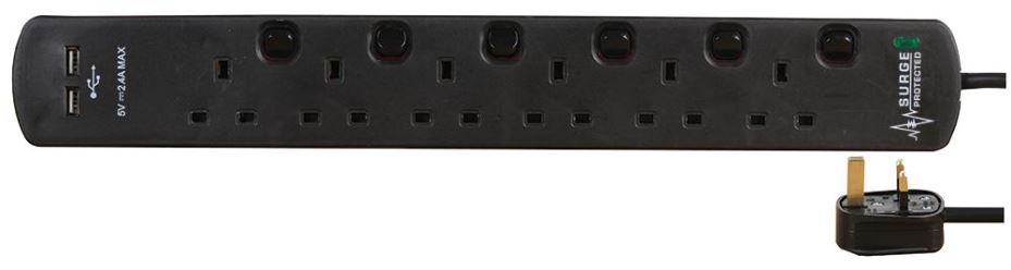 PRO ELEC - 6-fach Steckdosenleiste mit 2 USB-Anschlüssen, Überspannungsschutz, 