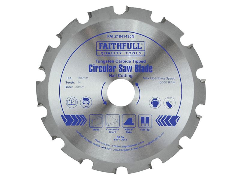 Faithfull TCT Kreissägeblatt für Nägelschnitte 184 x 30mm x 14 Zähne NEG