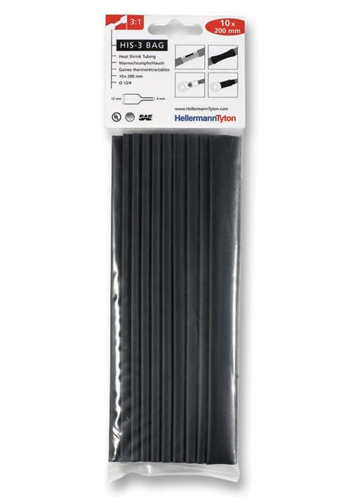HELLERMANNTYTON Guaina Termorestringente Nero 3:1, 12 x 200mm, Confezione da 10