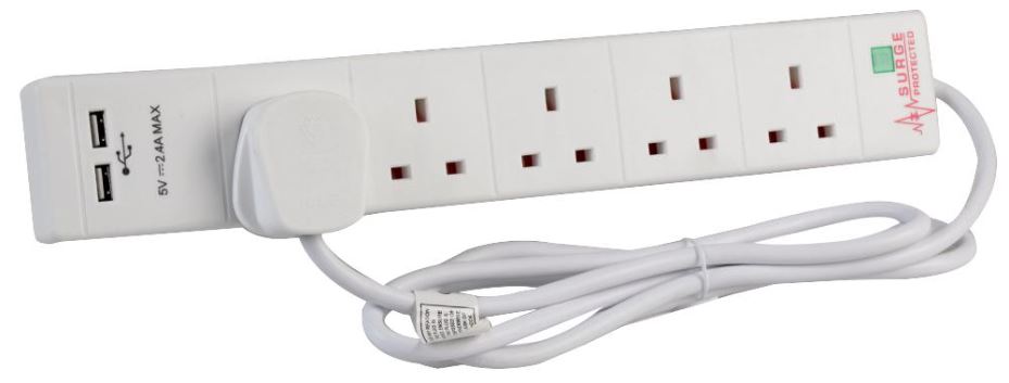 Pro Elec - Multiprise 5 Prises + USB 2,4A, Câble 2m, Blanc