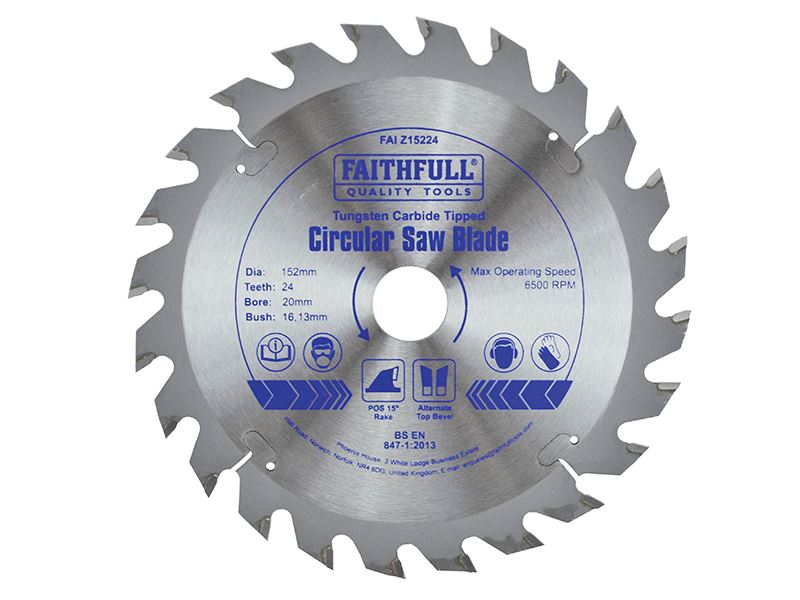 Lame de scie circulaire Faithfull TCT, 152mm x 20mm, 24 dents, angle POS