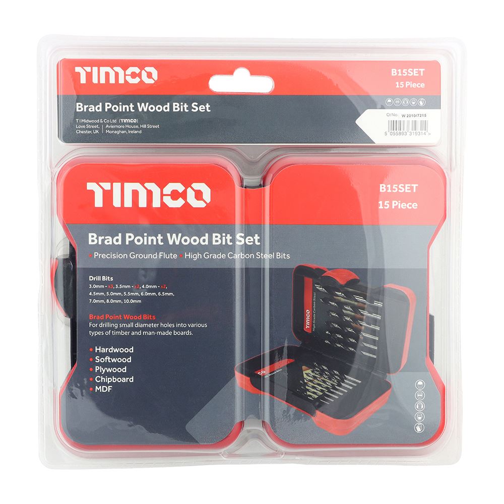 Timco Brad Point Wood Bit Set, HSS Steel, 15-Piece