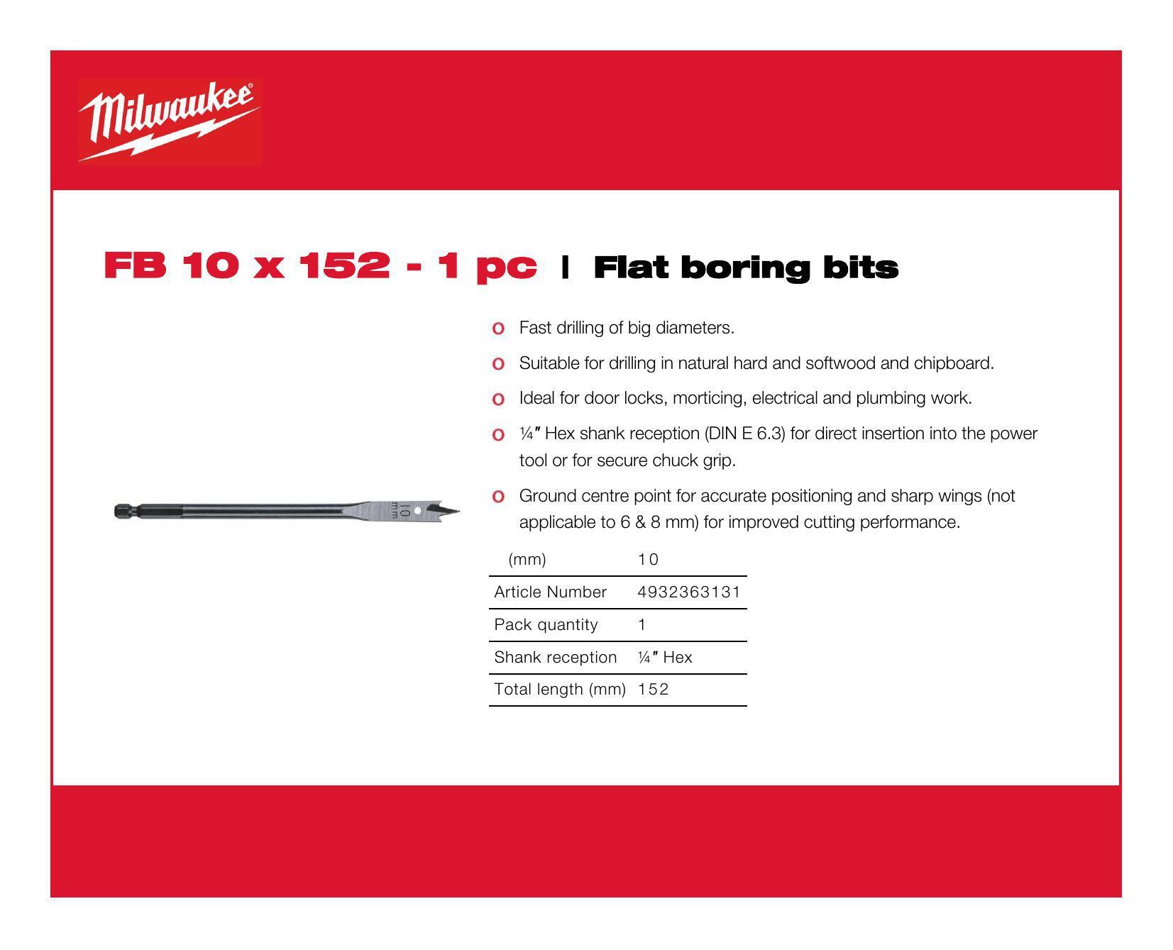 Milwaukee Flat Boring Drill Bit 10mm x 152mm