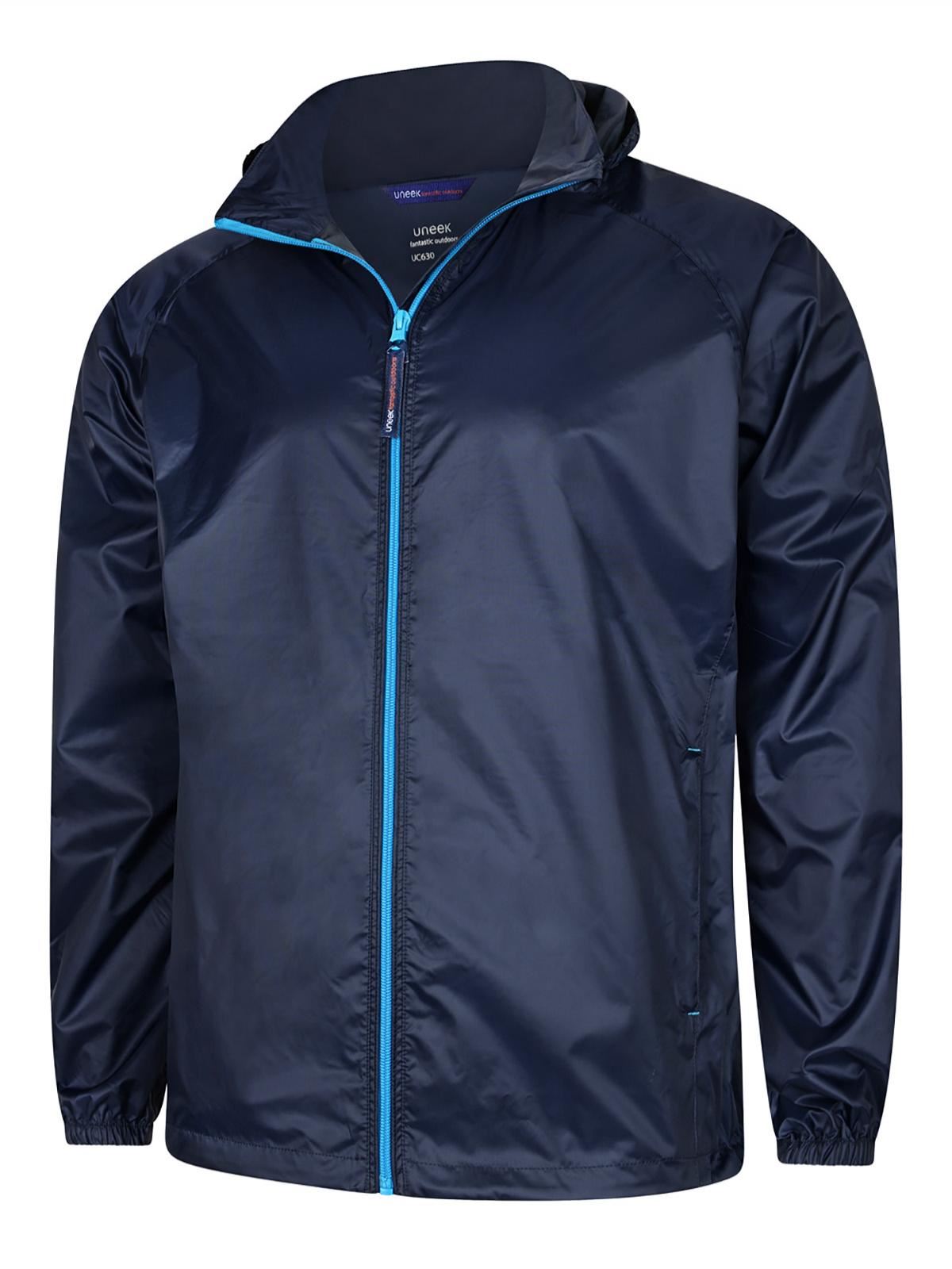 Uneek Unisex Active Jacket - Lightweight Waterproof Nylon Coat, Navy/Surf Blue,