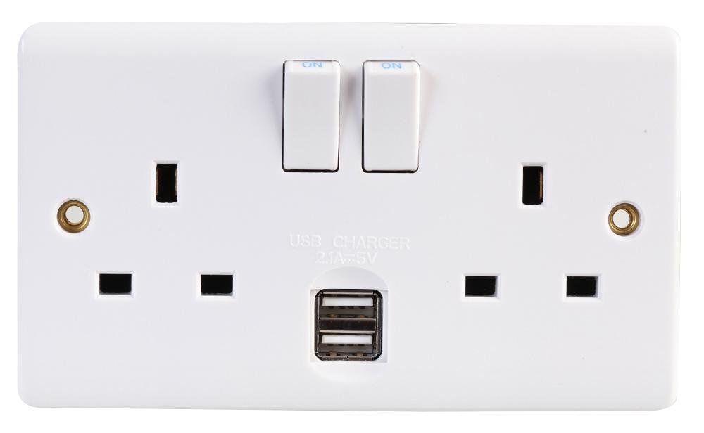 VOLEX 2místná zásuvka s přepínačem a 2 USB porty, bílá