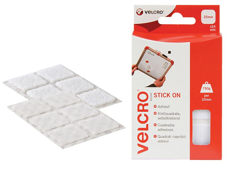 VELCRO® Stick On Squares 25mm White (Pack of 24)