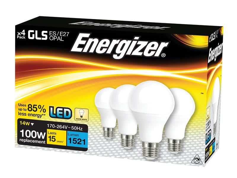 Energizer LED ES E27 Opal GLS Bulb, Non-Dimmable, Warm White, 4 Pack