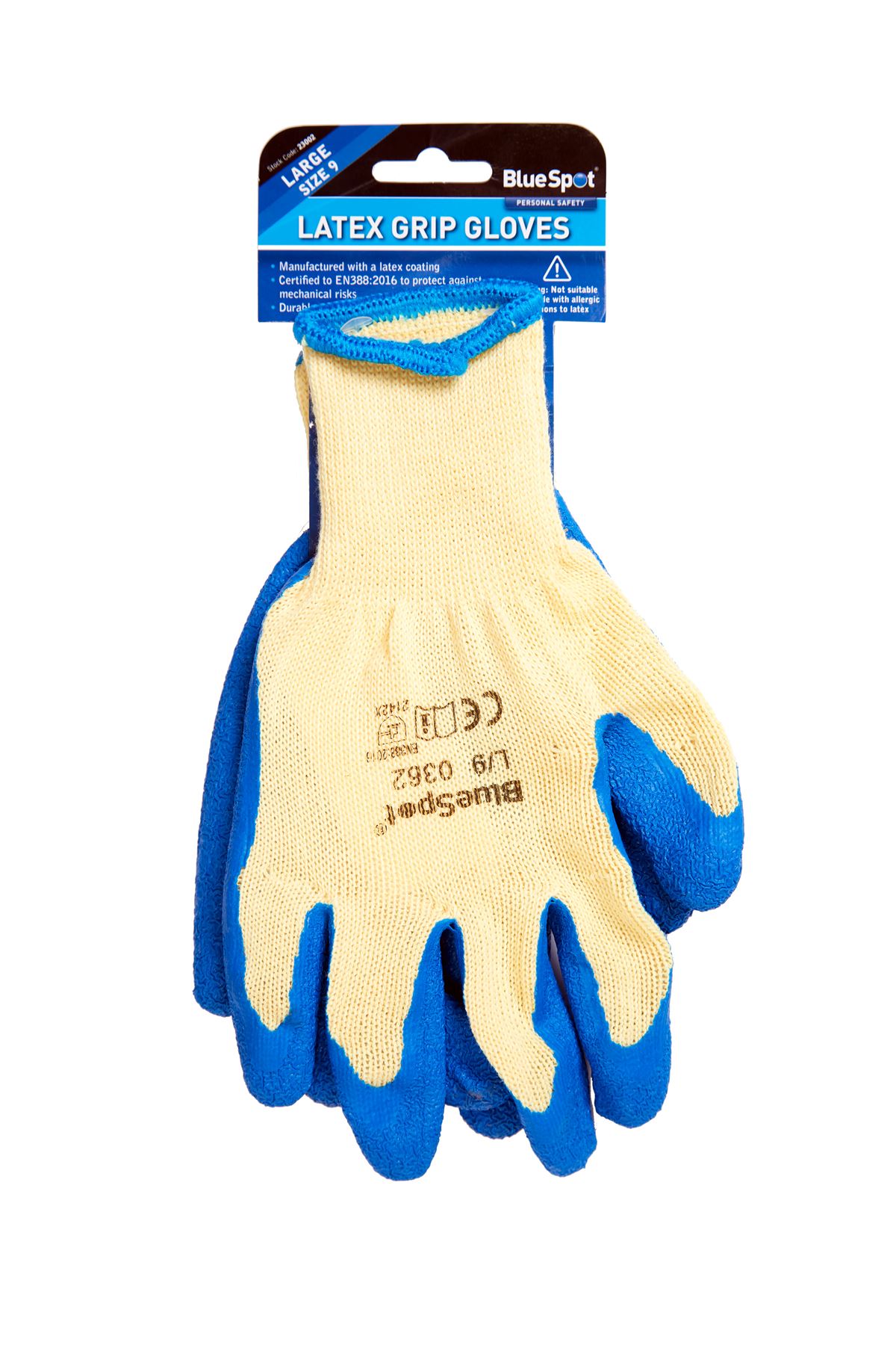 Blue Spot Latex Grip Gloves - Large, EN388 Certified