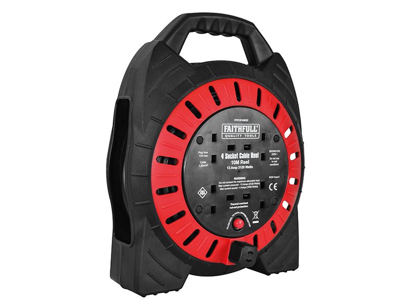 Faithfull Power Plus 10m Cable Reel, 4 Sockets, 13A